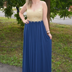 Rochie de seara lunga, aurie cu bleumarin, model superb - Img 6