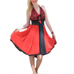Rochie de seara scurta rosie, cu insertii de paiete si detalii negre - Img 1