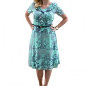 Rochie de vara bleumarin cu flori turcoaz si design de guler - Img 1