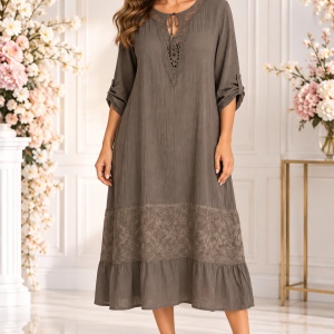 Rochie de vara Reagan cu insertii de dantela nuanta de kaki