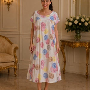 Rochie de vara,vaporoasa Alice model cu buline colorate,nuanta de pudra