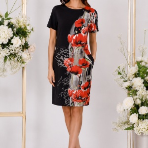 Rochie de zi,Agace ,imprimeu cu maci,nuanta de negru