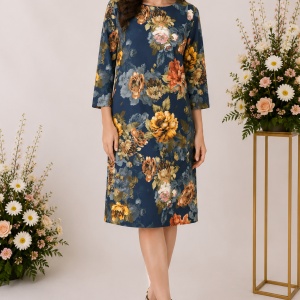 Rochie de zi Fevine cu model floral tip mozaic pe fundal bleumarin