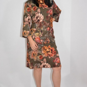 Rochie de zi Fevine cu model floral tip mozaic pe fundal kaki - Img 2