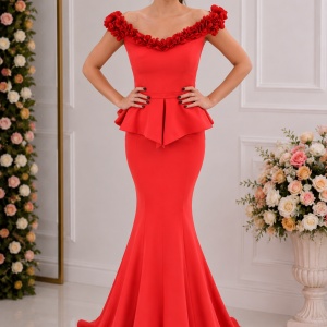 Rochie deosebita de seara, rosie, tip sirena cu peplum in talie