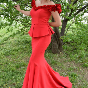 Rochie deosebita de seara, rosie, tip sirena cu peplum in talie - Img 4