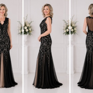 Rochie din dantela neagra pe fond crem, model tip sirena - Img 6