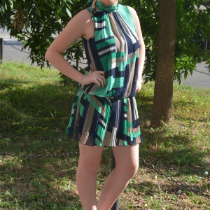 Rochie din voal subtire cu imprimeu abstract verde-bleumarin- bej - Img 3