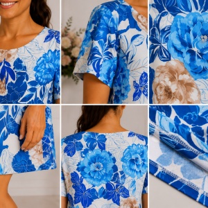Rochie Dreaptă Damă cu Imprimeu Floral Albastru , Lejeră de Vară cu Mânecă Scurtă - Img 3