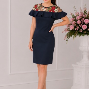 Rochie eleganta,Alizee,brodata cu flori ,nuanta de bleumarin