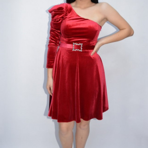 Rochie eleganta Bianca pe umar din catifea,rosu - Img 3