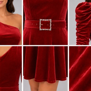 Rochie eleganta Bianca pe umar din catifea,rosu - Img 3
