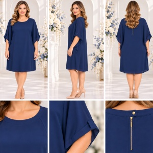 Rochie elegantă bleumarin cu mâneci lejere – croială dreaptă cu 2pense - Img 2