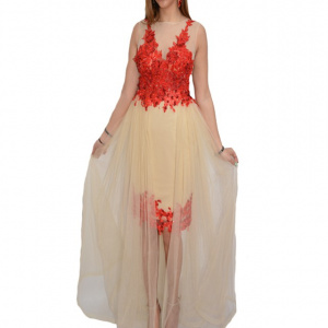 Rochie eleganta cu lungime asimetrica, insertii de tul si broderie - Img 1