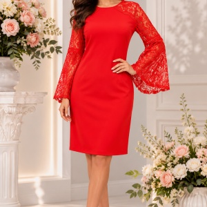 Rochie eleganta cu maneca lunga, transparenta, nuanta rosu inchis