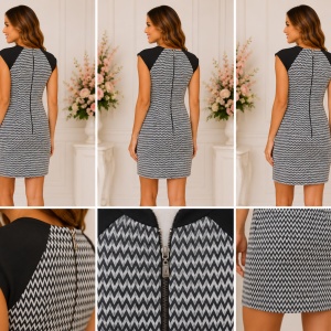 Rochie elegantă damă alb-negru cu imprimeu zig-zag și detalii decorative la decolteu - Img 2