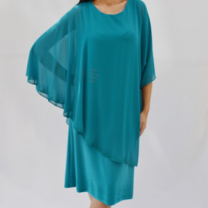 Rochie eleganta din material elastic si voal lejer aplicat, turcoaz - Img 3