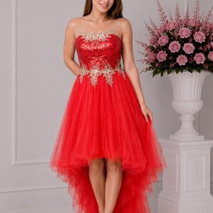 Rochie eleganta din tul subtire, rosie, cu paiete si broderie