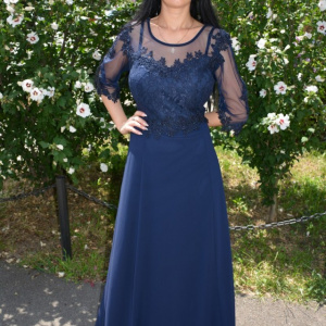 Rochie eleganta din voal combinat cu dantela eleganta, bleumarin inchis - Img 3
