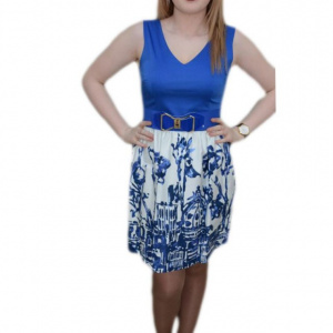 Rochie eleganta, nuanta de albastru, imprimeu abstract