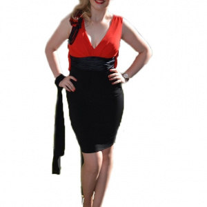 Rochie eleganta, scurta, nuanta negru-rosu, cu croiala cambrata - Img 1