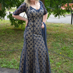Rochie extrem de eleganta, din dantela bleumarin-crem - Img 5