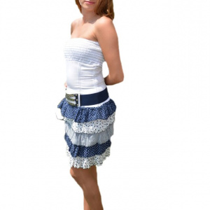 Rochie fara maneci, nuanta de bleumarin-alb, volanase - Img 1
