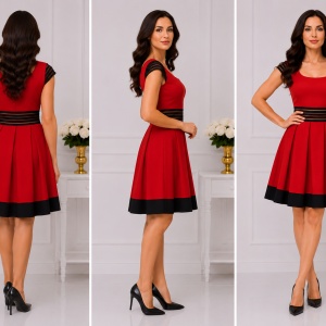 Rochie fashion, nuanta de rosu-negru, design dungat in talie - Img 3