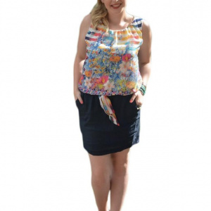 Rochie feminina,cu imprimeu si fusta din in, bleumarin - Img 1