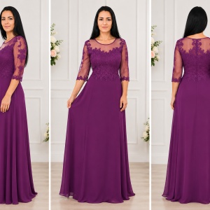 Rochie feminina, lunga de seara, mov cu maneci din vuoal - Img 3