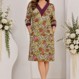Rochie Giulia verde cu frunze caramizii