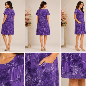 Rochie lejeră din bumbac cu imprimeu floral și buzunare – Mov Lila - Img 2