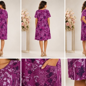 Rochie lejeră din bumbac cu imprimeu floral și buzunare – Mov - Img 2