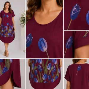 Rochie lejeră din in și bumbac cu imprimeu floral – bordo, croi confortabil de vară - Img 4