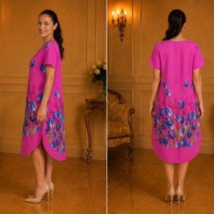Rochie lejeră din in și bumbac cu imprimeu floral – fucsia, croi confortabil de vară - Img 3