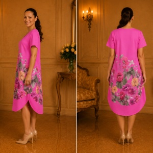 Rochie lejeră din in și bumbac cu imprimeu floral – roz, croi confortabil de vară - Img 3
