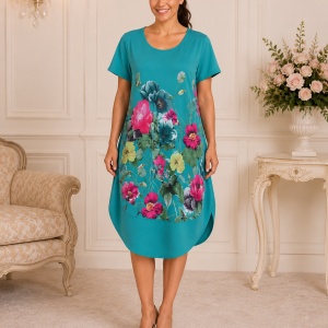 Rochie lejeră din in și bumbac cu imprimeu floral –turcoaz, croi confortabil de vară