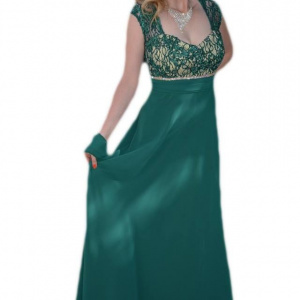 Rochie lunga, de ocazie, din voal verde, cu insertie de dantela - Img 1