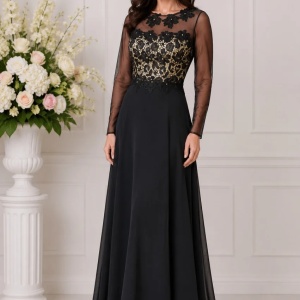 Rochie lunga de seara cu broderie florala 3D, culoare neagra