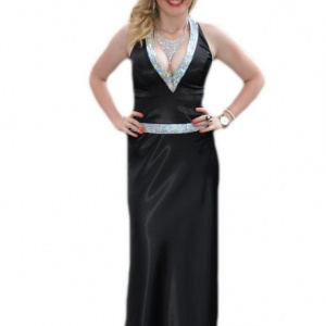 Rochie lunga din saten, de culoare neagra, cu decolteu adanc - Img 1