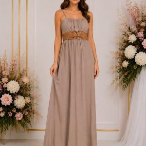 Rochie lungă elegantă bej-taupe cu bretele și curea lată