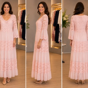 Rochie Lungă Elegantă din Dantelă Roz cu Mâneci 3/4 și Decolteu în V - Img 3