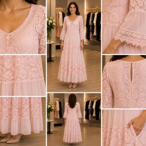 Rochie Lungă Elegantă din Dantelă Roz cu Mâneci 3/4 și Decolteu în V - Img 4