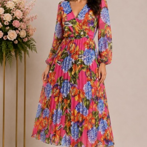 Rochie Midi Florală Fucsia cu Fustă Plisată și Mâneci Semitransparente