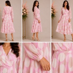 Rochie midi roz cu imprimeu abstract și decolteu petrecut - Img 2