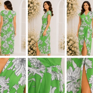 Rochie midi verde cu imprimeu floral alb și croială petrecută - Img 2