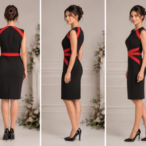 Rochie moderna, de culoare neagra, combinata cu fasii rosii - Img 3