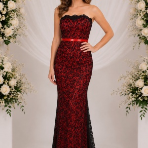 Rochie moderna de seara, de culoare rosie, model lung cu trena