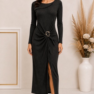 Rochie neagra Sigrid cu catarama eleganta in talie