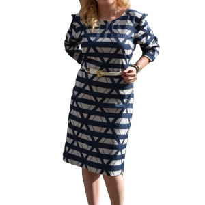 Rochie office, de culoare bleumarin, cu imprimeu in tesatura - Img 1